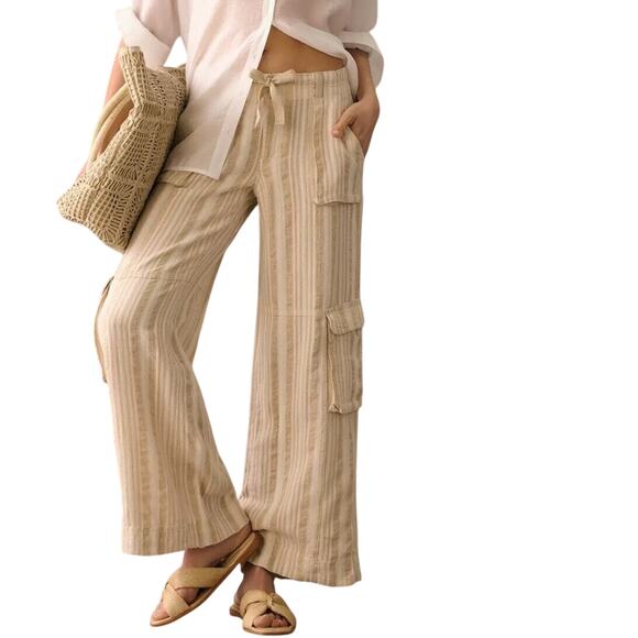 Anthropologie Beige Striped Linen Blend Cargo Wide Leg Pants Size 27 - Picture 1 of 9